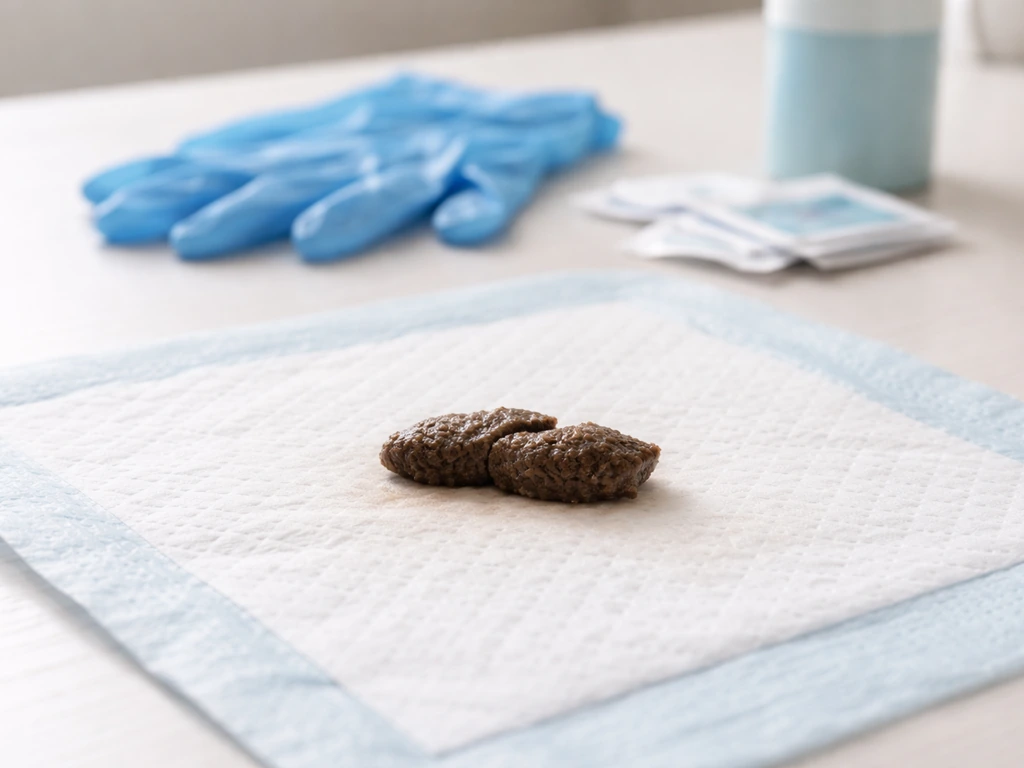 Close-up dog stool sample on a disposable pad with infection-control gloves and disinfectant wipes nearby.