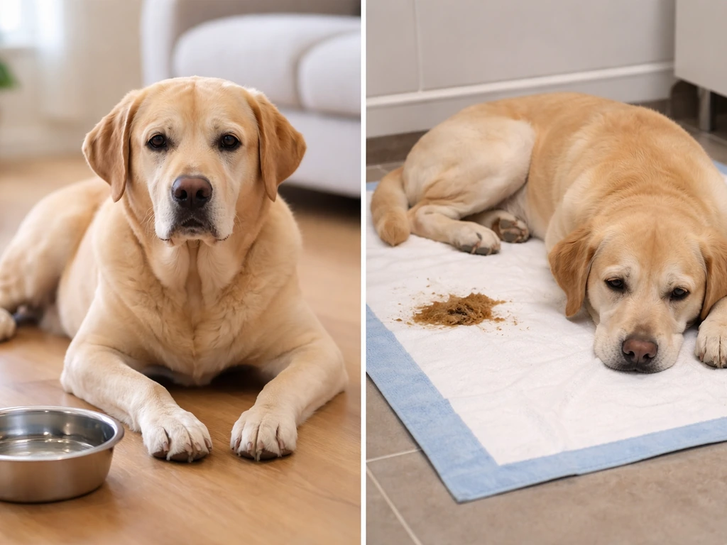 Two-panel photo: calm dog on floor vs lethargic dog on absorbent pad with minor messy stool.