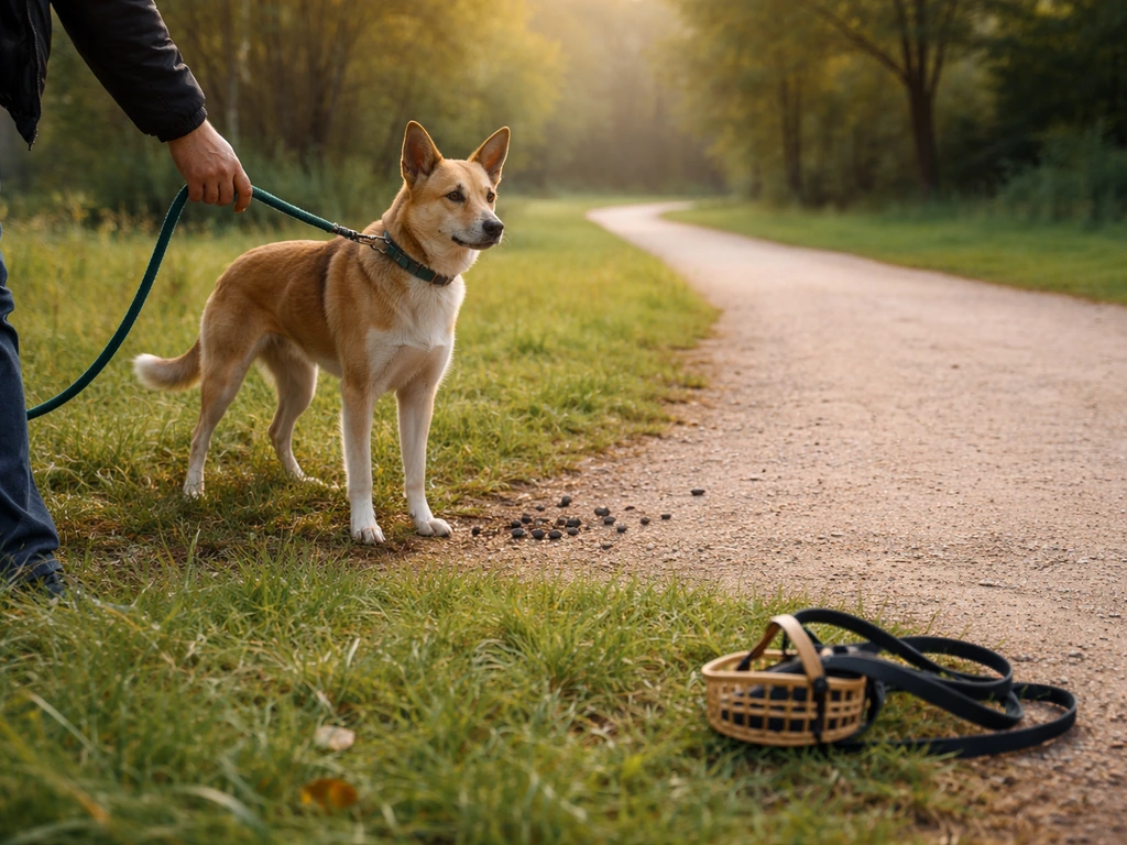 Dog on a loose leash being gently redirected away from outdoor bird droppings, with a muzzle set nearby