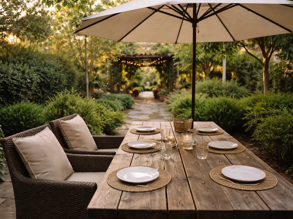 Quiet patio park outdoor dining with a set table, umbrellas, greenery, and a stone walkway