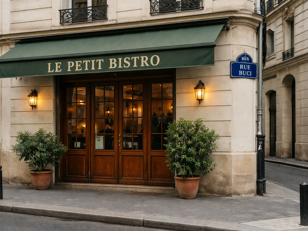 Street view of a restaurant entrance with a visible venue nameplate and nearby street sign to verify the location.