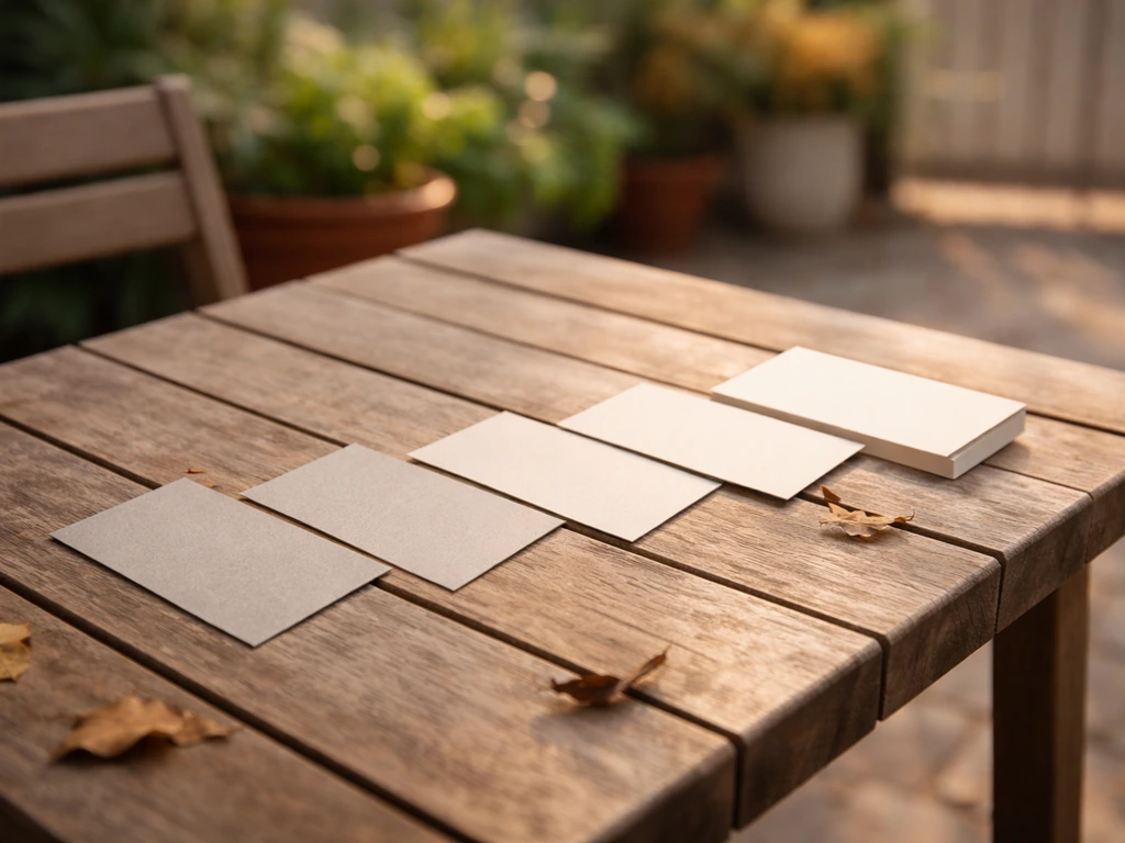 Minimal outdoor patio scene with a blurred hand placing sticky notes that suggest older vs recent reviews.