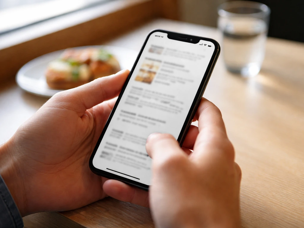 Close-up of a smartphone showing blurred review highlights: menu items, seating location, and time of visit details.