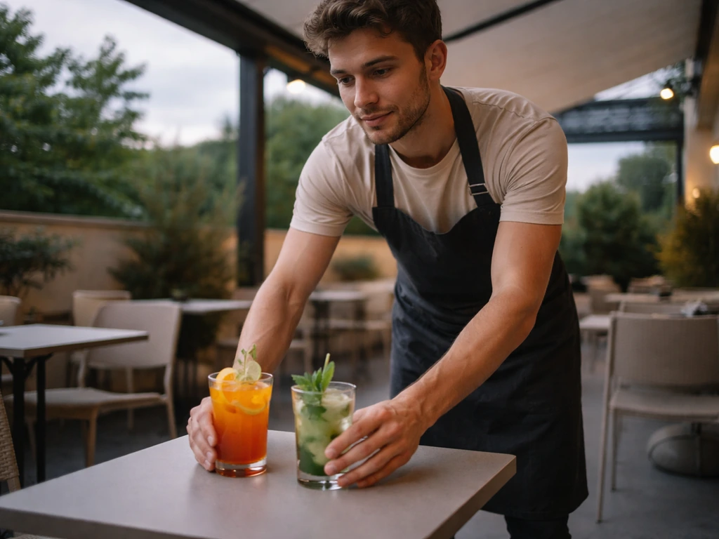 Server carefully sets drinks on an outdoor patio table, checking in with attentive posture.