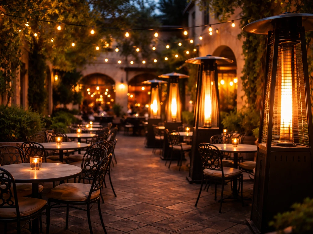 Warmly lit Mediterranean outdoor restaurant patio at dusk with patio heaters and seating.