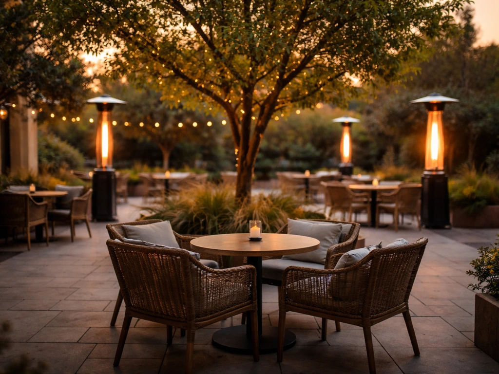 Spacious outdoor patio with glowing heaters and a lush live tree centerpiece, empty seating area.
