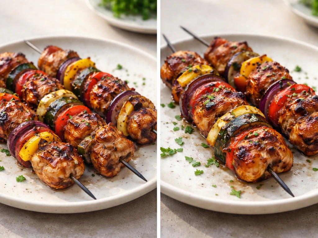 Two similar plates of grilled kebab with matching seasoning and char marks for a consistency comparison.