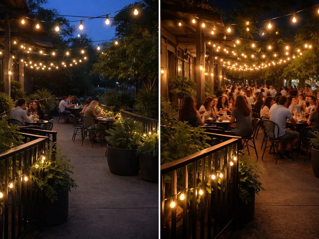 Empty-then-busy patio scene: warm lights and a quiet late-evening crowd at an outdoor restaurant