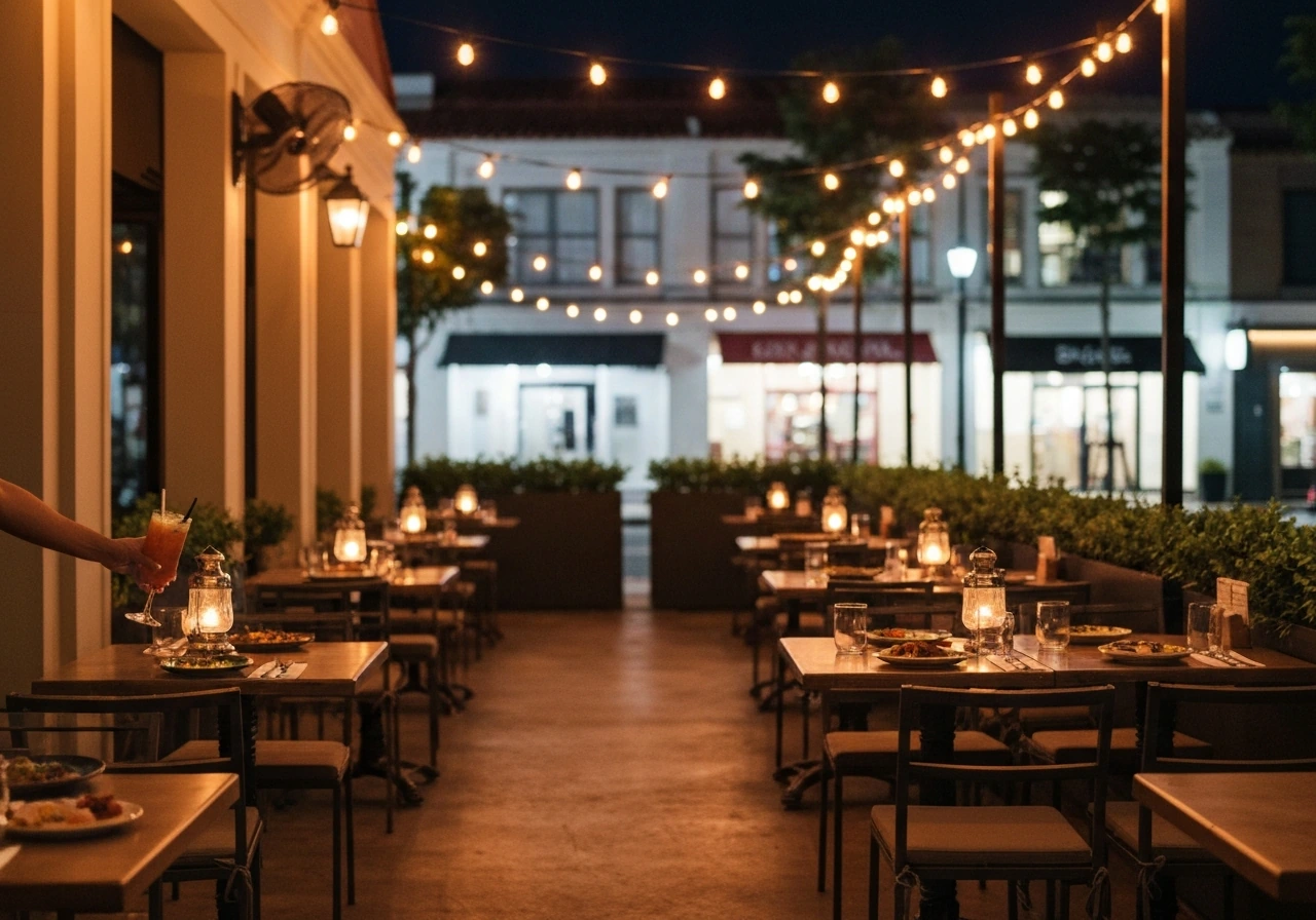 Warm outdoor patio seating and string lights at El Patio Holland Village on Lorong Mambong.