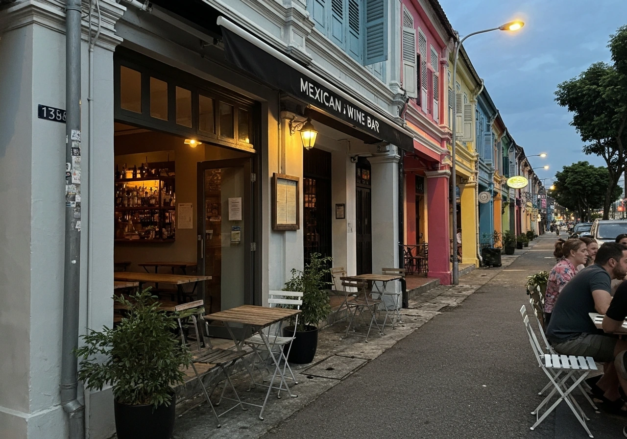 Warm exterior view of a Mexican restaurant and wine bar on a shophouse dining street at dusk.