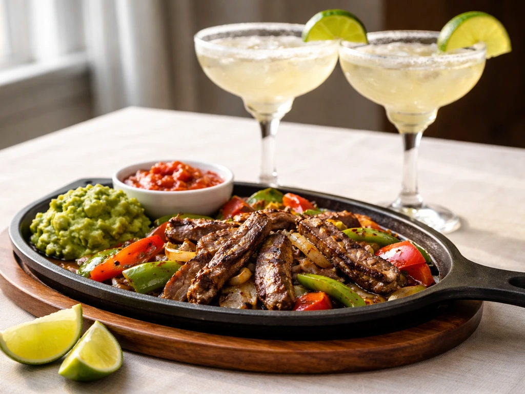 Sizzling beef fajitas with guacamole and salsa, plus margaritas on a simple restaurant table.