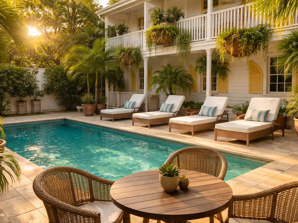 Bright Key West–style outdoor patio by a pool with lush greenery and warm inviting lighting
