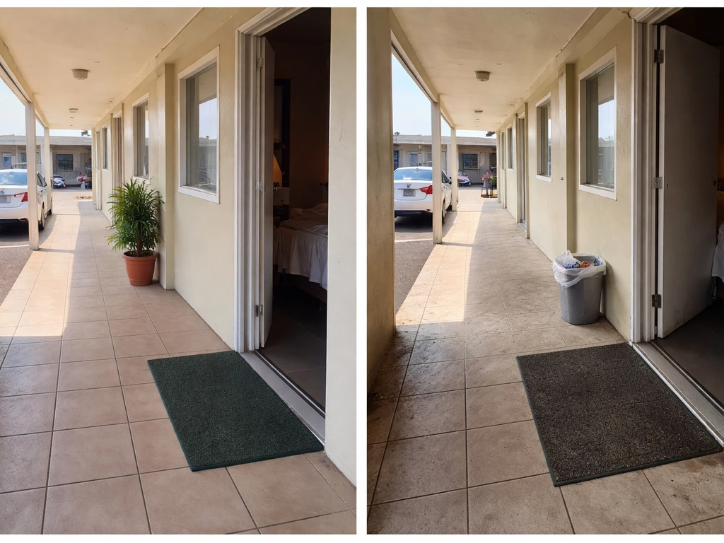 Quiet motel exterior with a nearby room door and a small trash bin, split light showing praised location vs room complai
