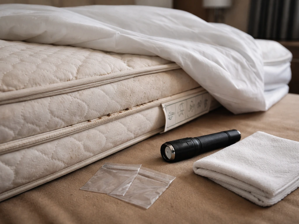 Unmade motel bed mattress seam inspection with flashlight, cloth, and small empty sample bags; no insects shown.