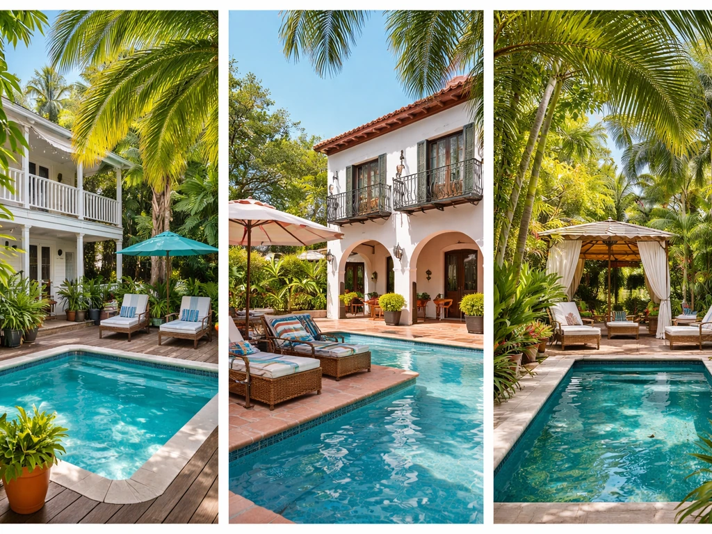 Minimal collage of three Key West Old Town lodging patios and pools with tropical courtyards, no people.