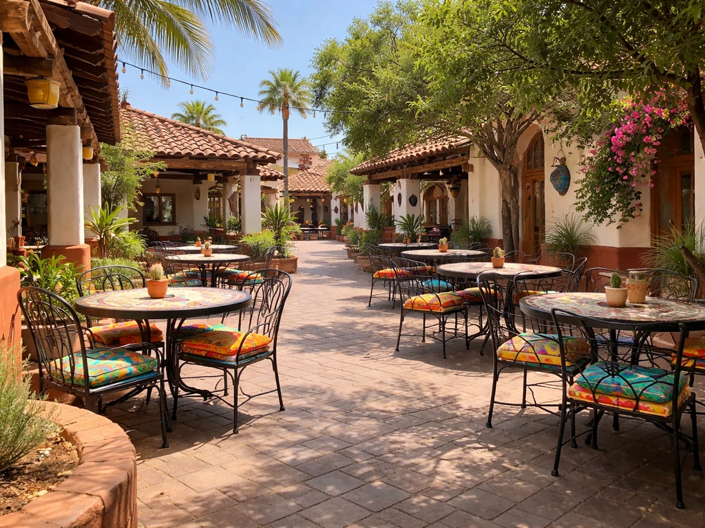 Sunlit outdoor dining patio with inviting tables and desert landscaping in Old Town Scottsdale.