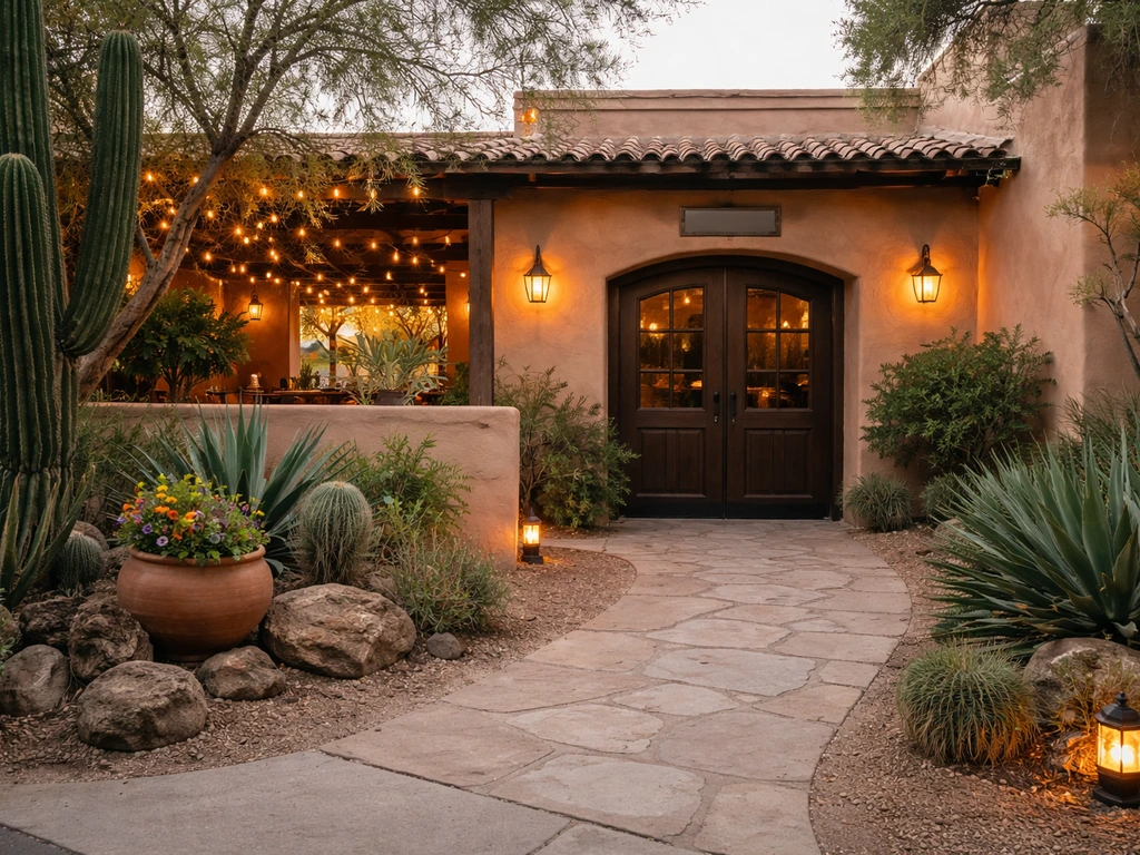 Exterior entrance and patio of a Mexican restaurant in Old Town Scottsdale, AZ.