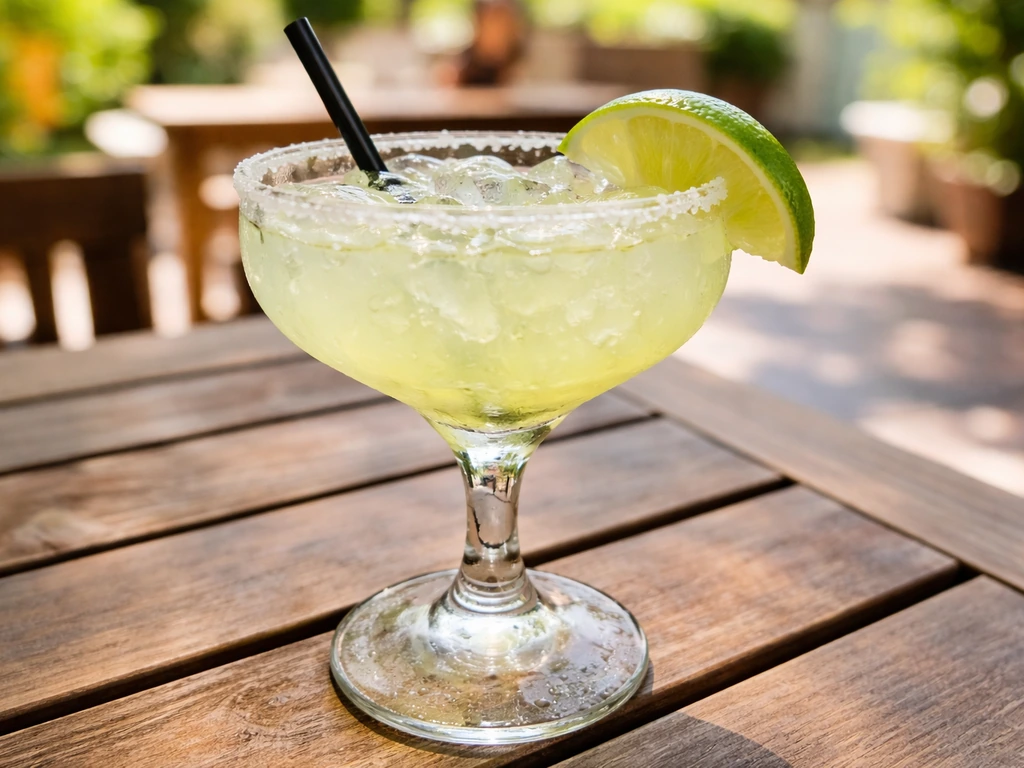 Close-up of a Cadillac-style margarita on a sunny patio with classic garnishes and a bright, inviting background.