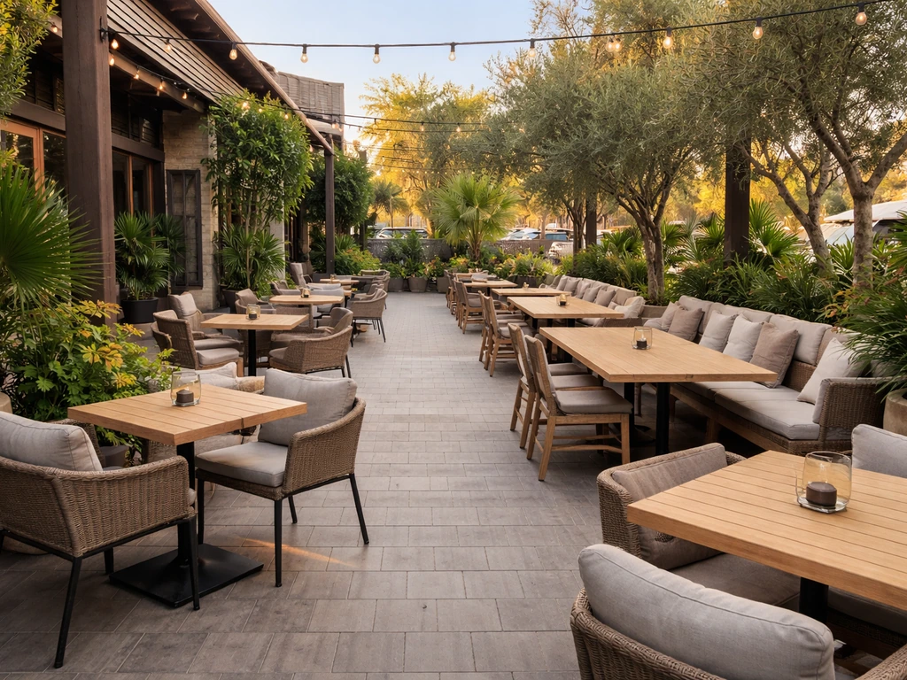Wide view of a sunny restaurant patio with spaced seating, mixed table sizes, and plants along the edges.