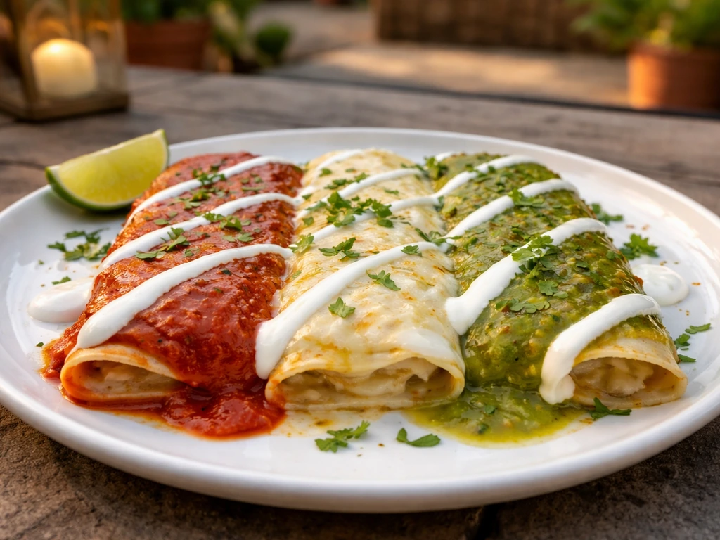 Plate of three Mexican Flag enchiladas with red and green chile and sour cream on a patio table.
