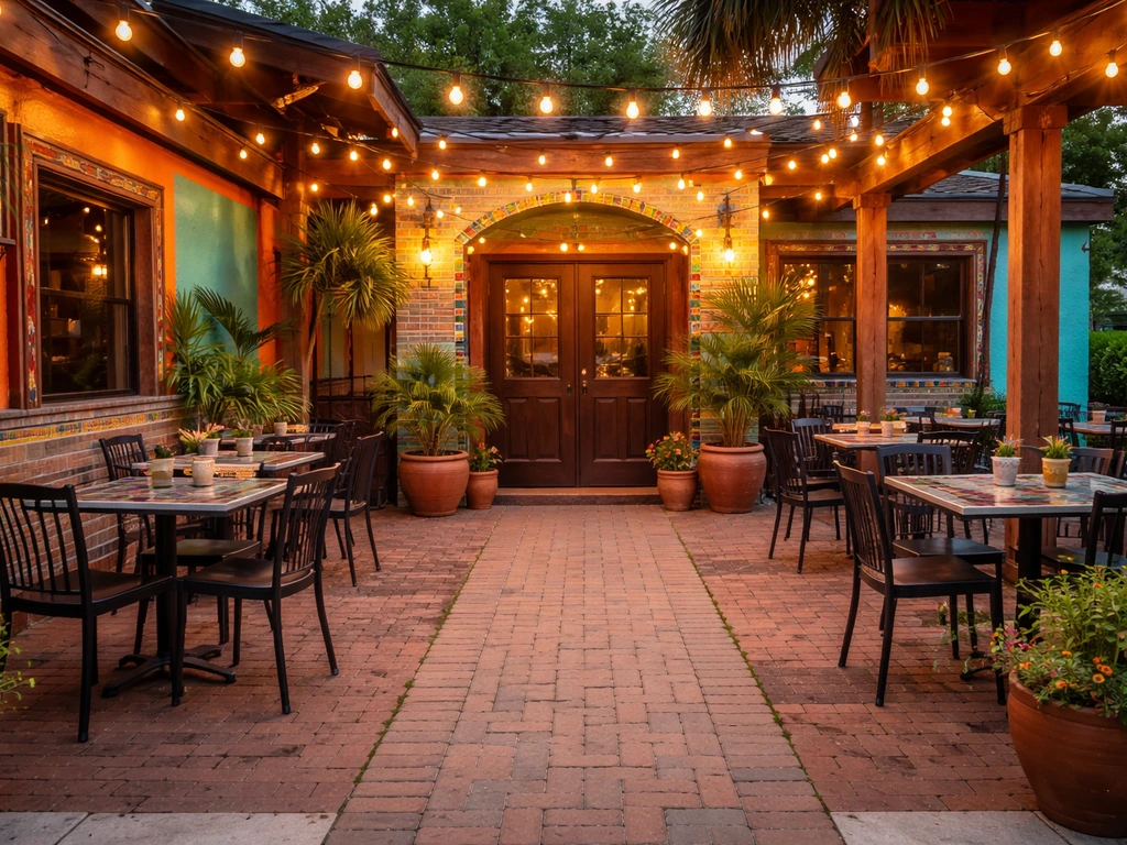 Warm Mexican restaurant patio entrance in Conway, SC with string lights and colorful exterior.