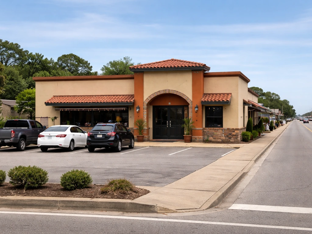 Wide exterior view of a Mexican restaurant in Conway, SC with a visible entrance along a main highway