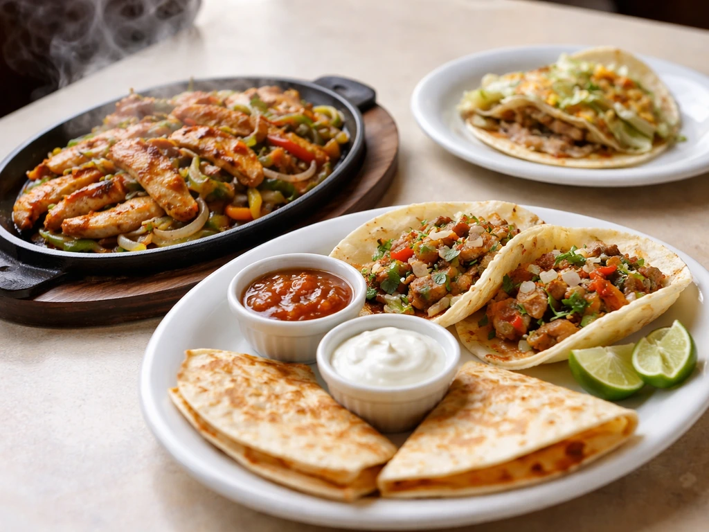 Plated fajitas, tacos, and quesadilla on one side, with a clearly less fresh dish on a second plate.