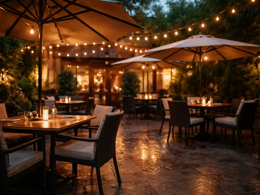 Casual El Patio Conway outdoor patio with tables, umbrellas, warm lights, and comfortable seating at dusk.