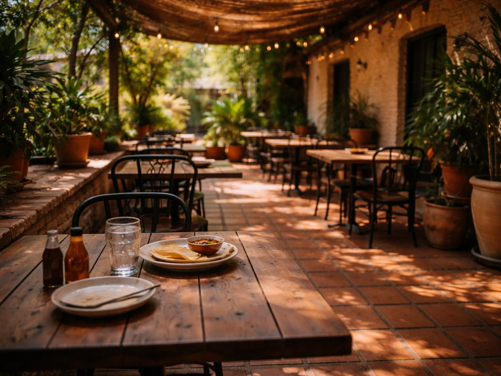 Cozy shaded Tex-Mex patio seating at El Patio Restaurant in Austin during daylight.