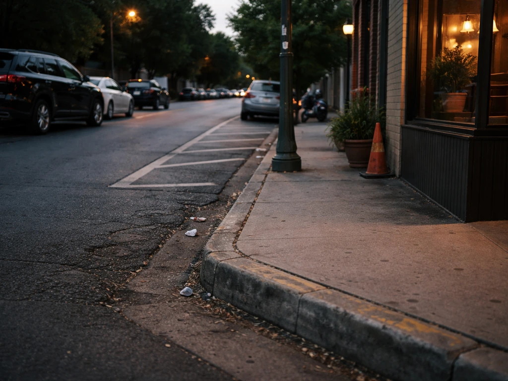 Austin storefront edge beside a curb with confusing street parking cues and empty sidewalk