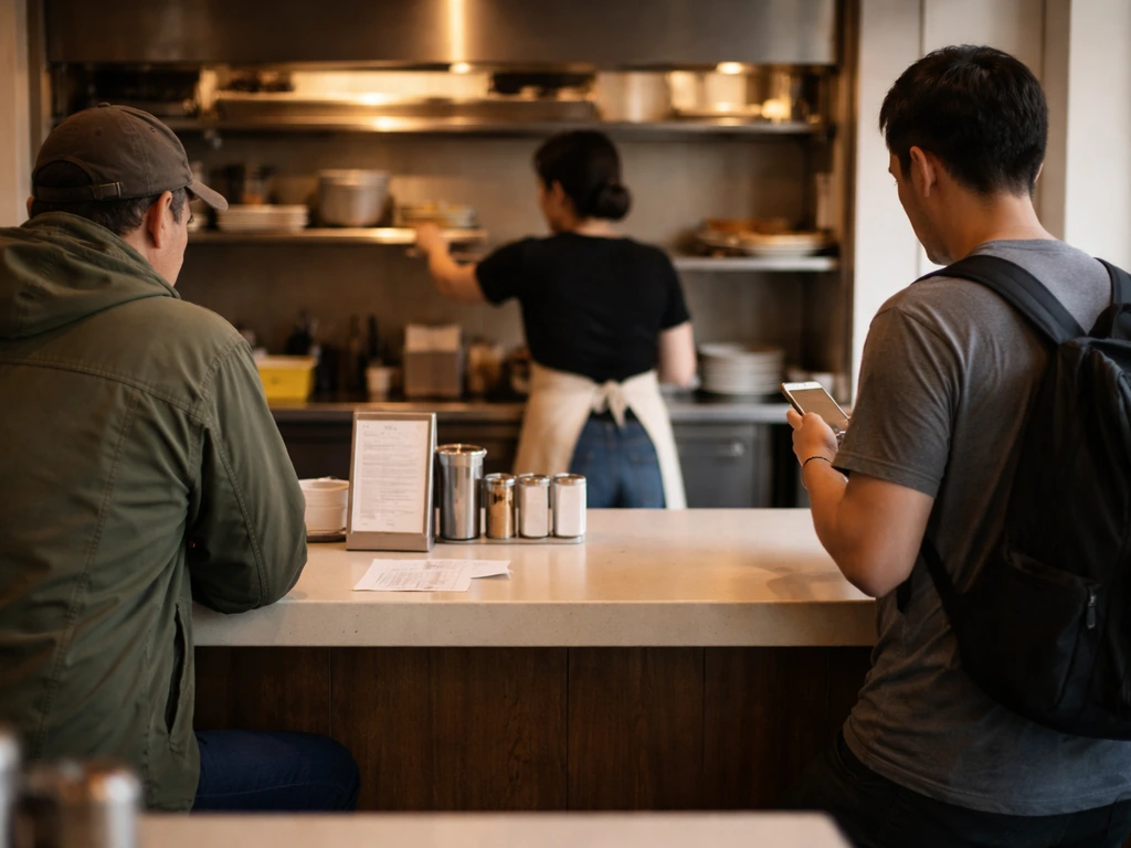 People waiting at a diner counter as paper order tickets sit nearby, suggesting slow service and order issues.