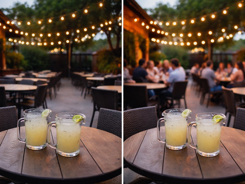 Calm vs busy patio dining at a walk-in Mexican restaurant, with margarita pitchers on an empty table.