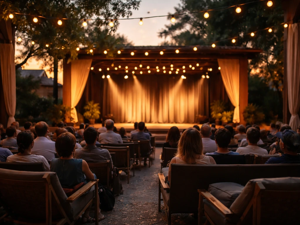Golden-hour wide view of an open-air patio theater with occupied seats and a softly lit stage.