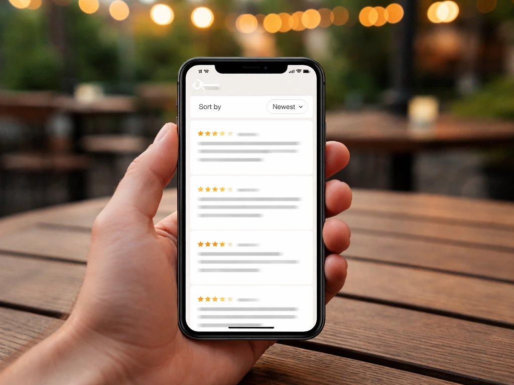 Hands using a smartphone to sort patio theater reviews by newest on a simple review platform screen
