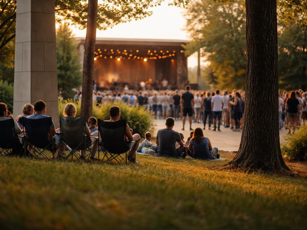 Outdoor patio theater with mixed lawn seating; view partially blocked by pillars and standing crowd
