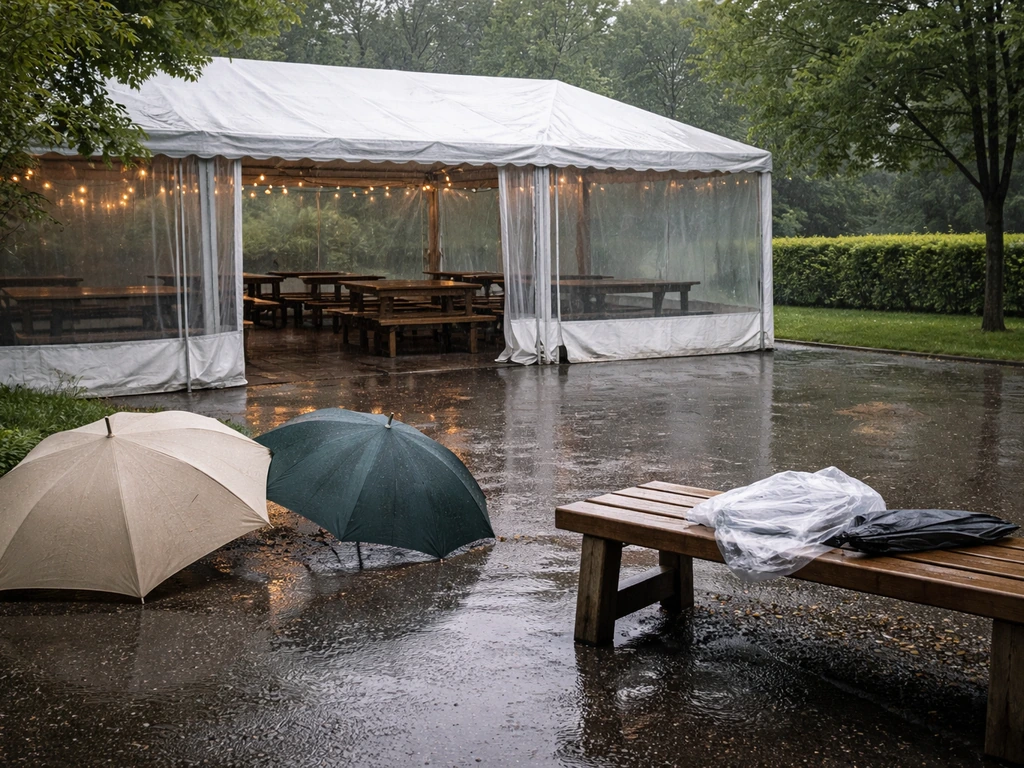 Covered outdoor seating with umbrellas and rain gear for weather contingency on event day