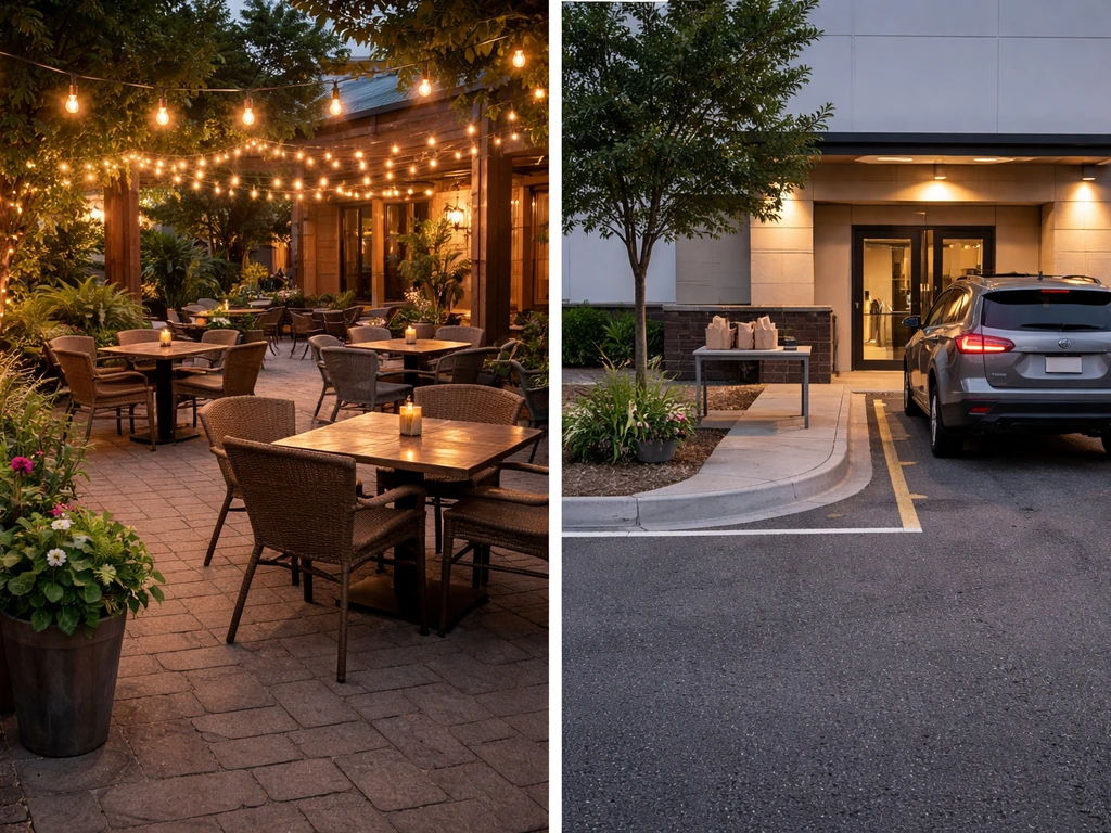 Split-scene showing a patio dining area on one side and a drive-up pickup lane with parked SUV on the other.