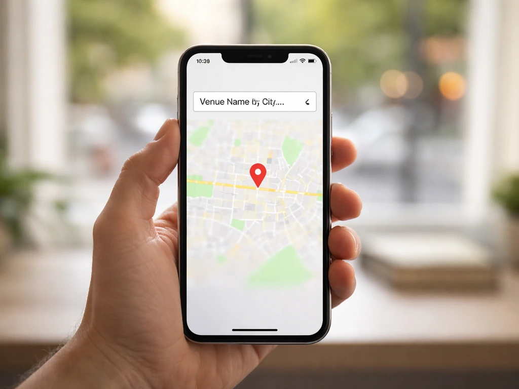 Hand typing a venue name plus city/zip on a smartphone, with a nearby map-pin style confirmation background blur.