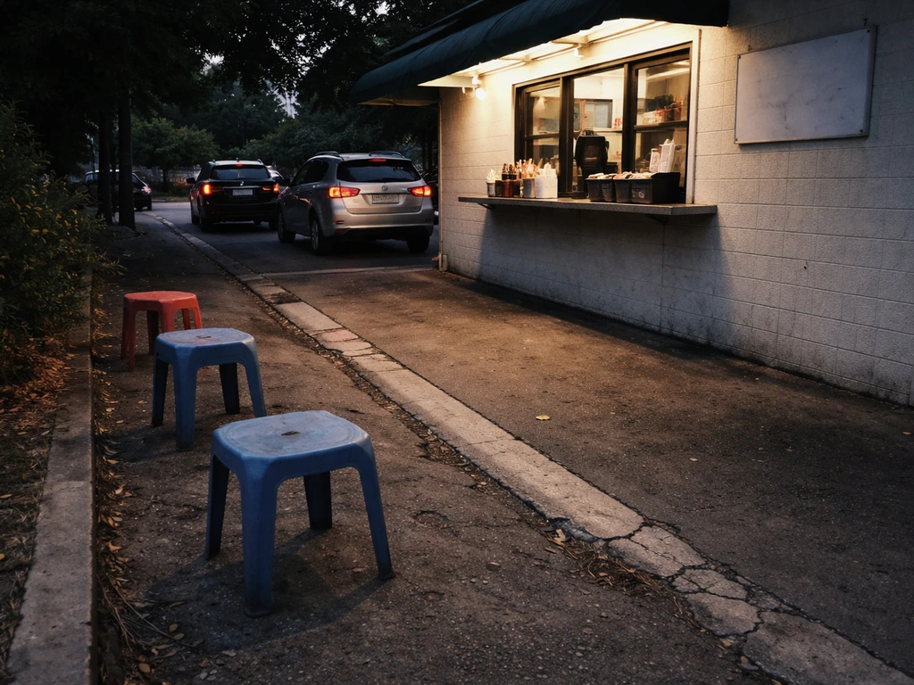 Drive-up pickup area showing crowded wait near an order window and an unappealing uncovered waiting spot.