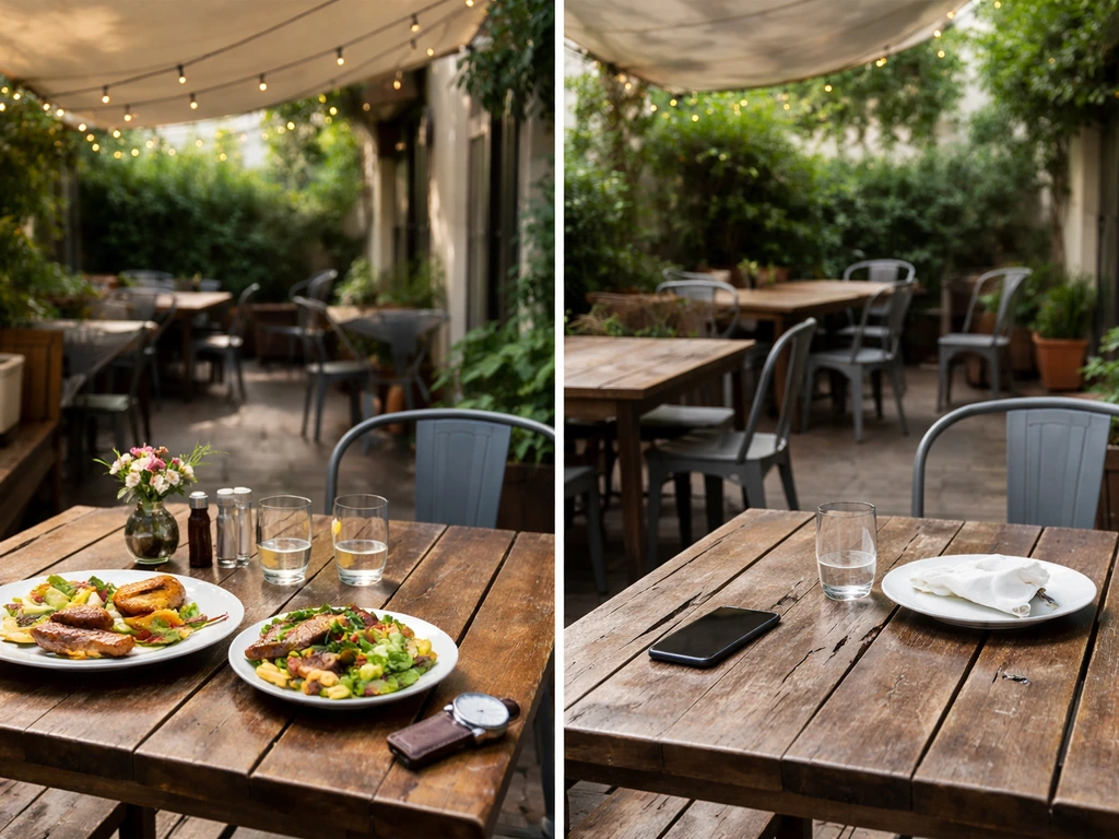 Split-view patio scene: left has shaded, well-detailed dining setup; right looks generic and empty.