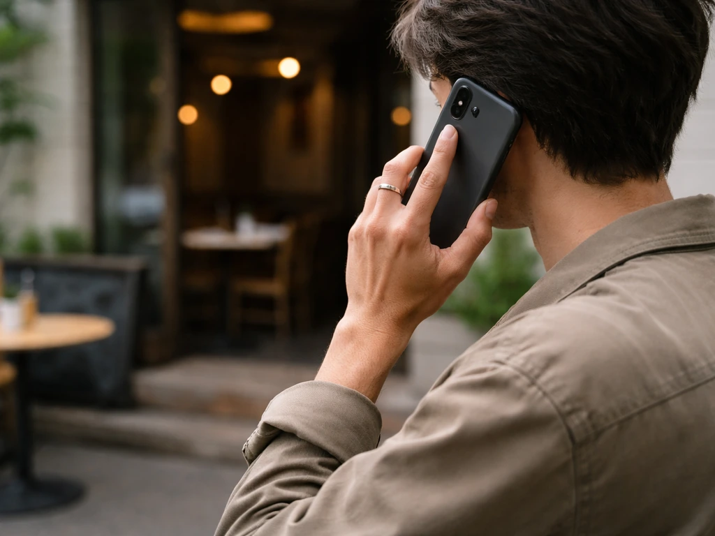 Person on a phone confirming venue hours and reservation details, with a softly blurred patio entrance behind.