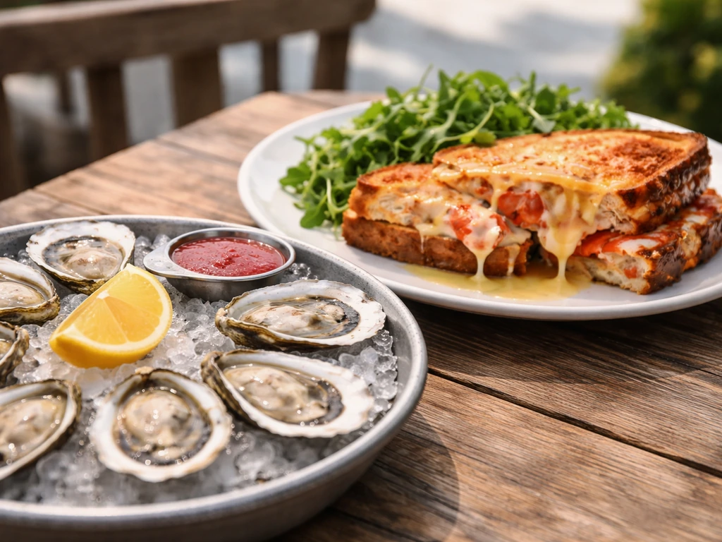 Close-up of oysters on ice and a lobster grilled cheese on a patio table in natural light.