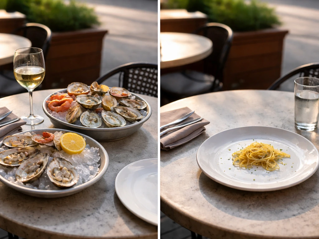 Minimal outdoor terrace table showing oysters and raw bar on one side, a muted plate on the other.