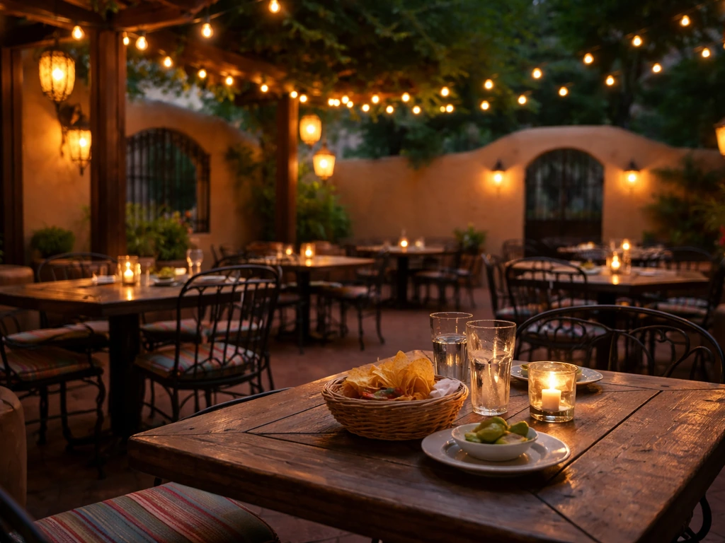 Warm-lit outdoor patio at El Sombrero Patio Cafe during mealtime with empty seating and a hint of food