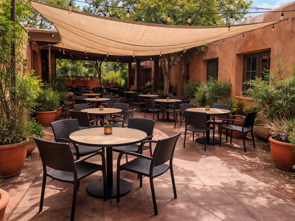 Cozy New Mexican cafe patio with shaded tables, chairs, and potted plants in warm natural light.
