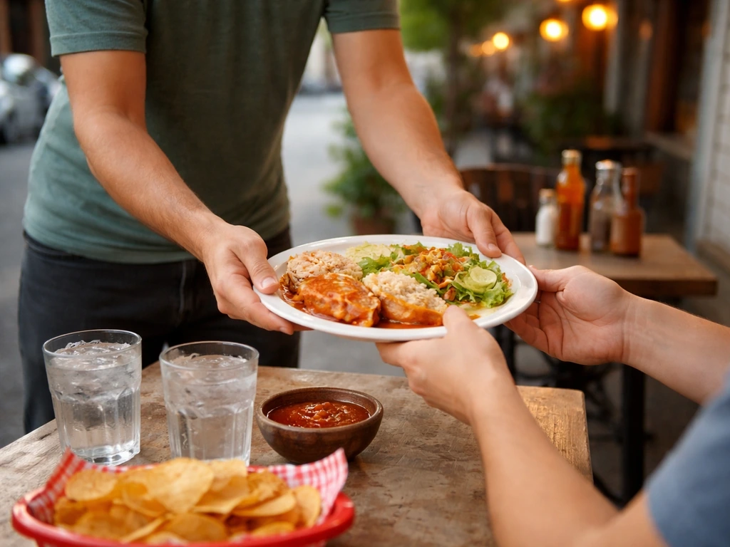 Server delivering chips and a plate to an outdoor street-cafe table in natural light