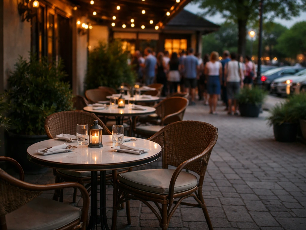 Quiet weeknight patio dining moment contrasted with a busy rush outside a restaurant