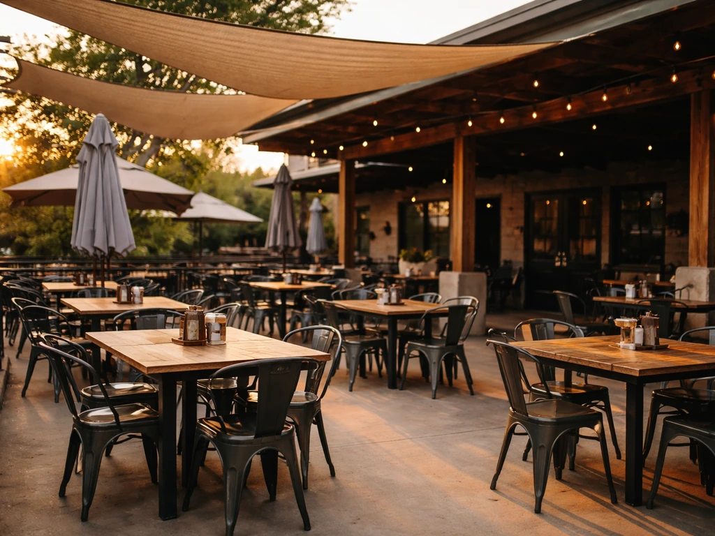 Inviting patio drafthouse scene in Midland, Texas with shaded seating and a practical, relaxed atmosphere.