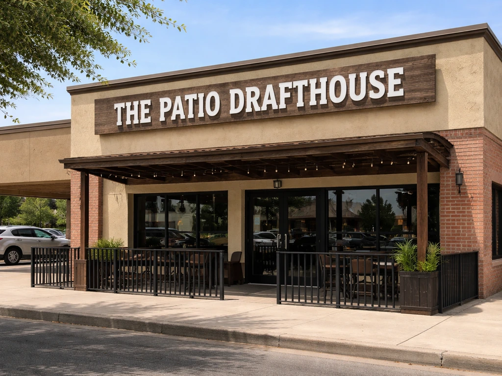 Street-level exterior of The Patio Drafthouse in Midland, Texas with a clear view of the storefront