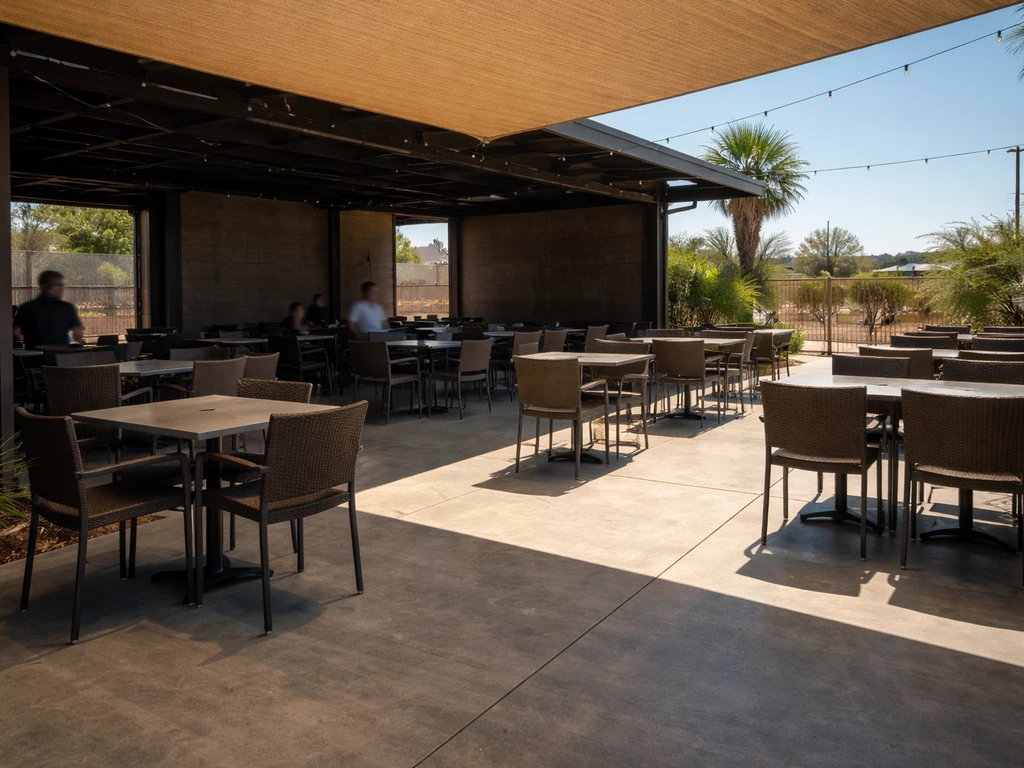 Drafthouse-style patio in Midland, Texas with shaded seating and sunlit edges indicating West Texas heat.